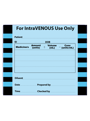 Small IntraVENOUS Label 60x50mm Black on Blue Paper - Roll/500